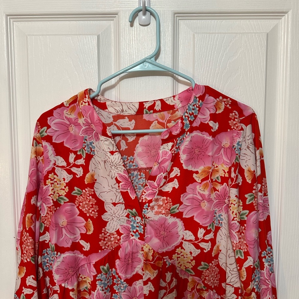 Boutique Dress No Tags Size Large Floral Red and Pink Long-sleeve Mini Dress - Picture 3 of 3